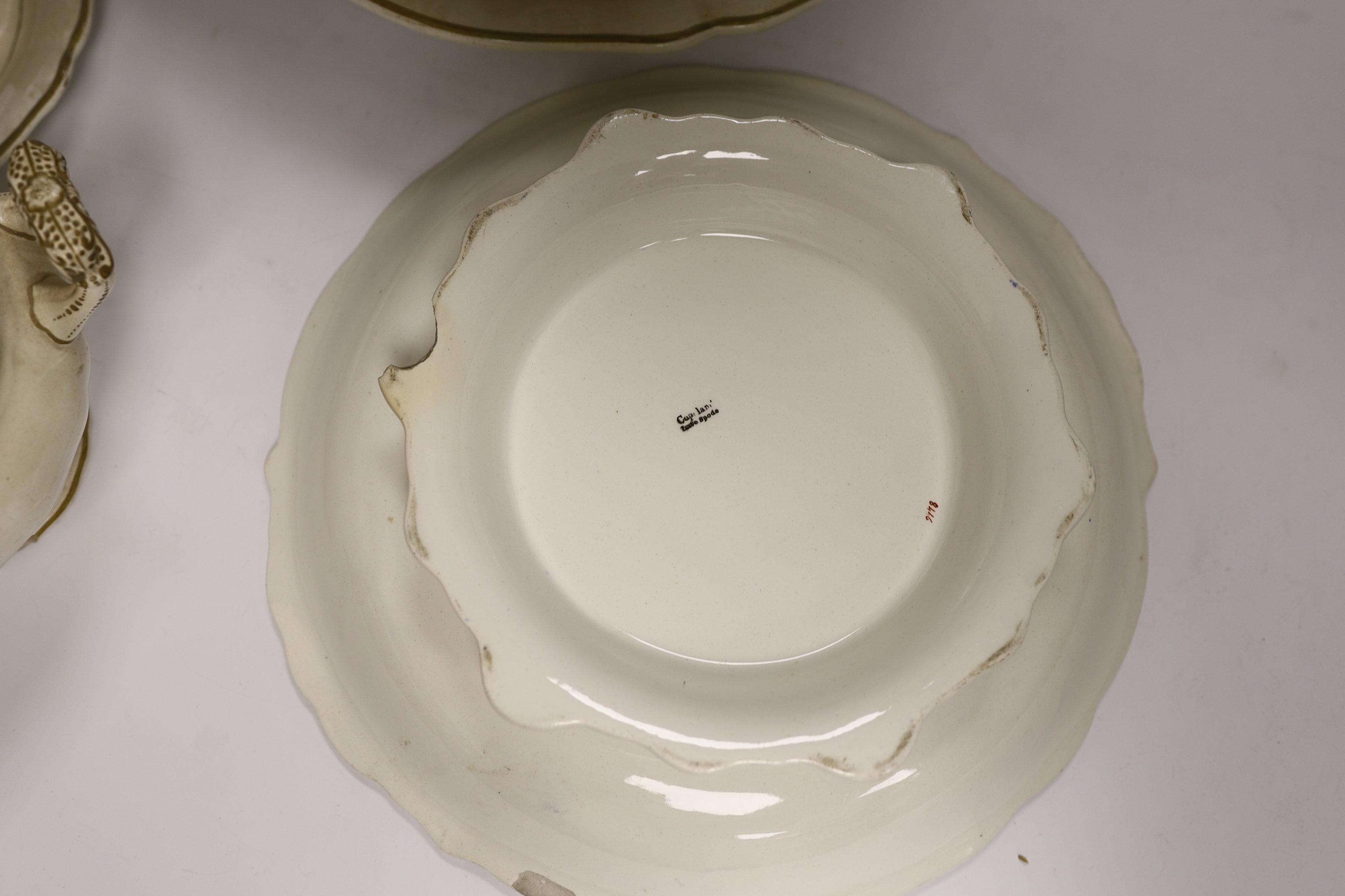 Copeland late Spode crested part dinner set comprising tureen and stand, bowl and stand and two circular dishes, largest 32cm in diameter